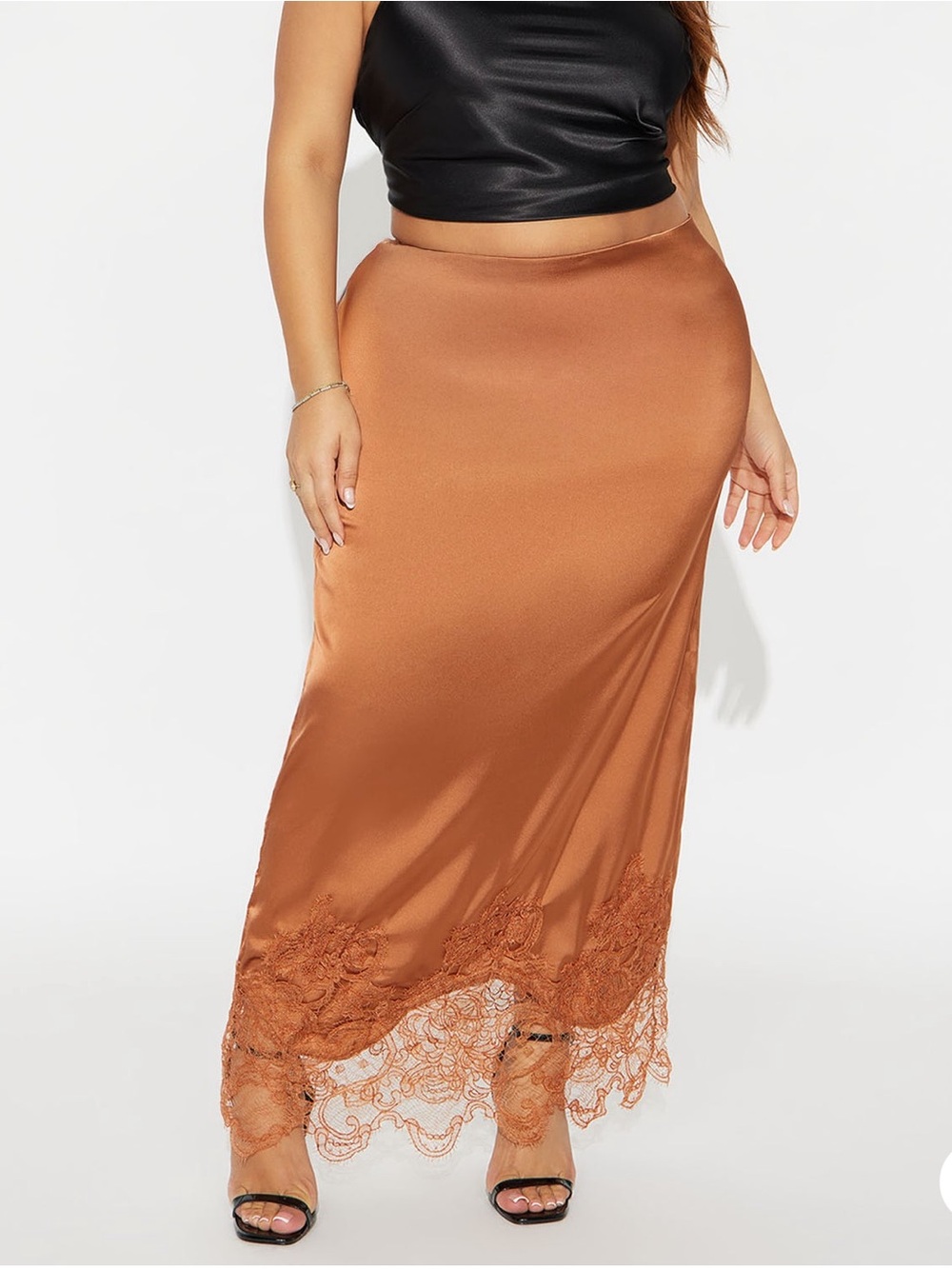 Satin Lace-Hem Maxi Skirt